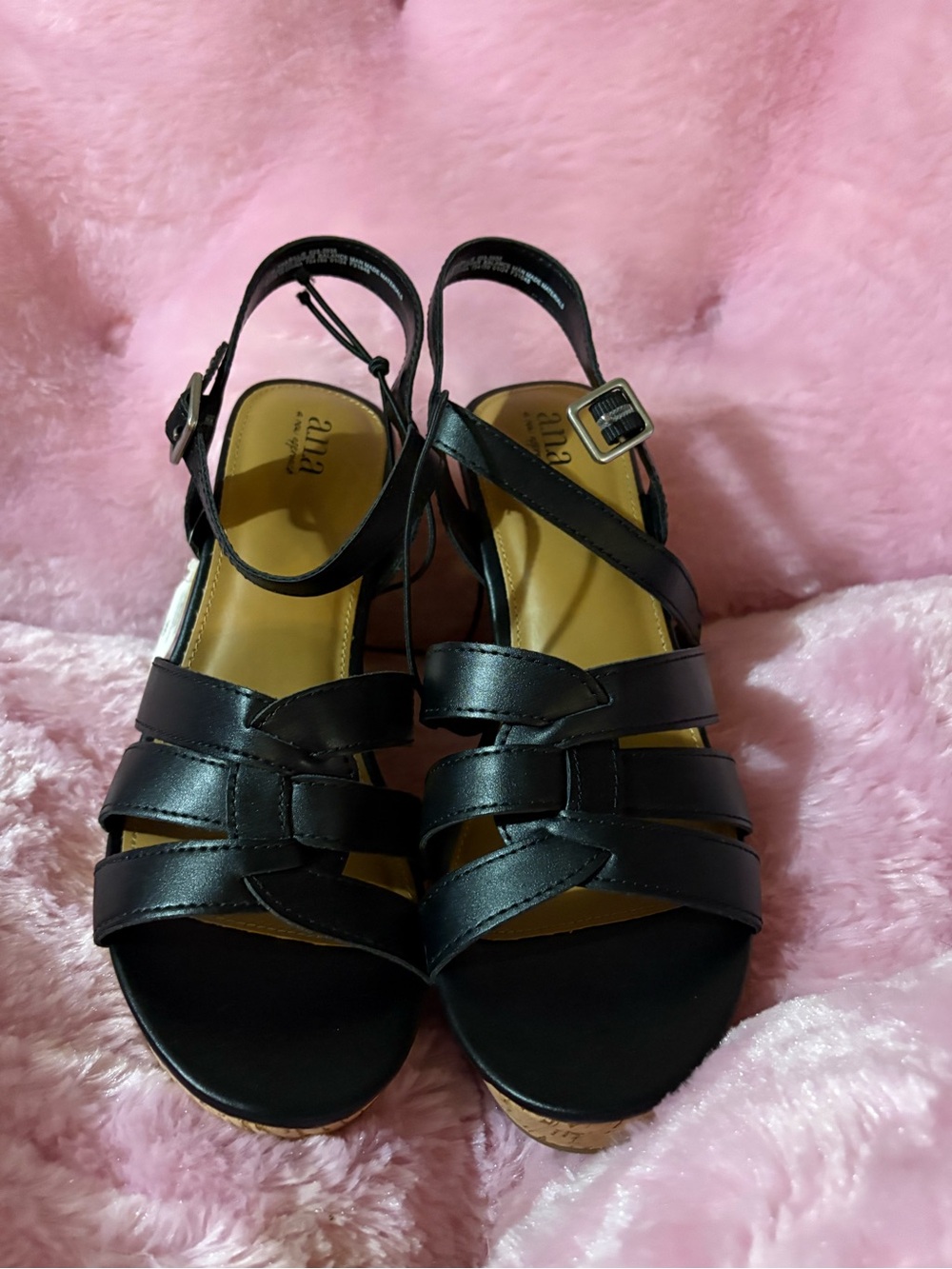 a.n.a Black Strappy Wedge Sandals with Ankle Buckle